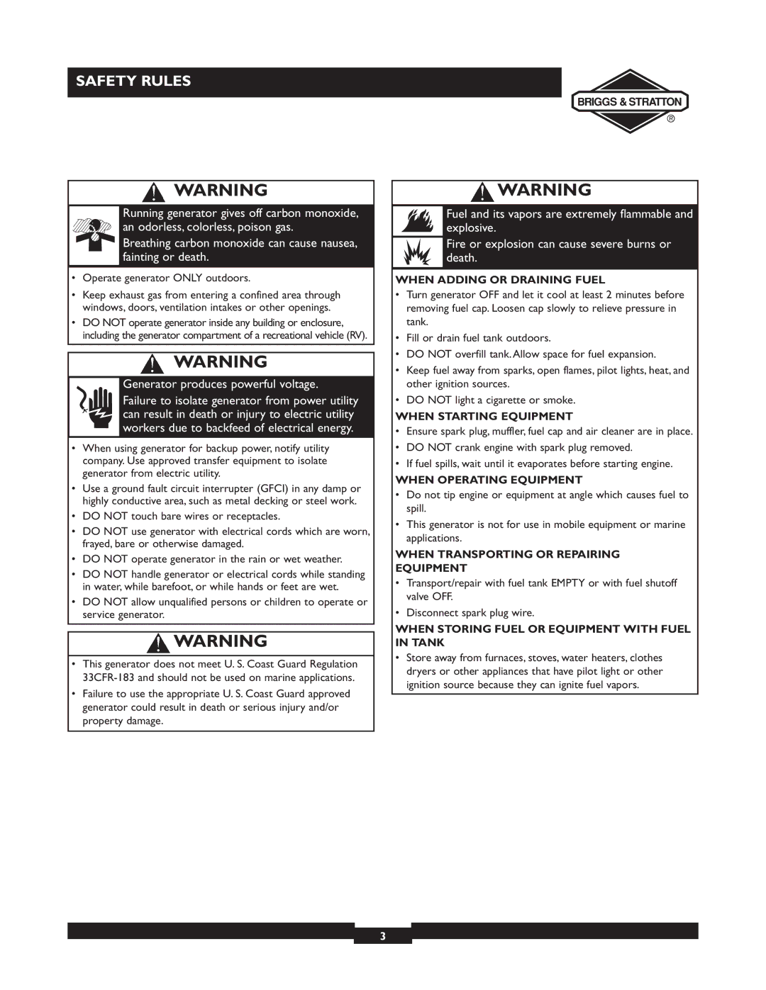 Briggs & Stratton 30238 owner manual When Adding or Draining Fuel, When Starting Equipment, When Operating Equipment 