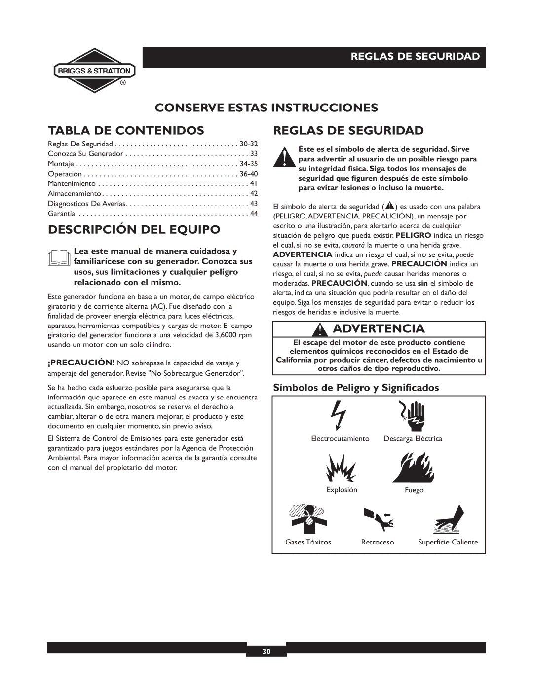 Briggs & Stratton 30238 Conserve Estas Instrucciones Tabla DE Contenidos, Descripción DEL Equipo, Reglas DE Seguridad 