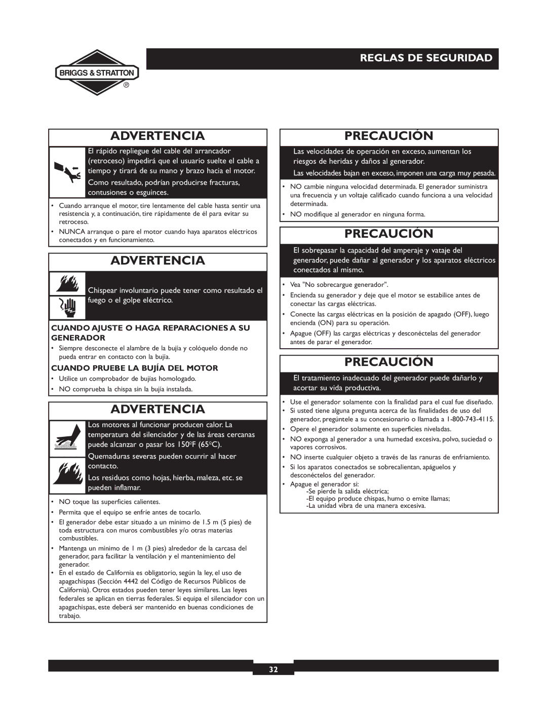 Briggs & Stratton 30238 Precaución, Cuando Ajuste O Haga Reparaciones a SU Generador, Cuando Pruebe LA Bujía DEL Motor 