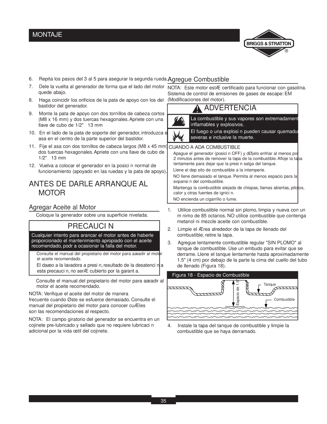 Briggs & Stratton 30238 owner manual Antes DE Darle Arranque AL Motor, Agregar Aceite al Motor, Agregue Combustible 