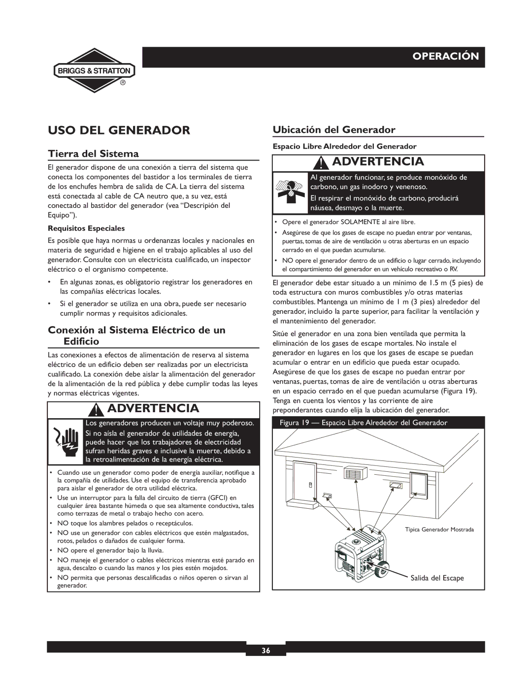 Briggs & Stratton 30238 owner manual USO DEL Generador, Tierra del Sistema, Conexión al Sistema Eléctrico de un Edificio 