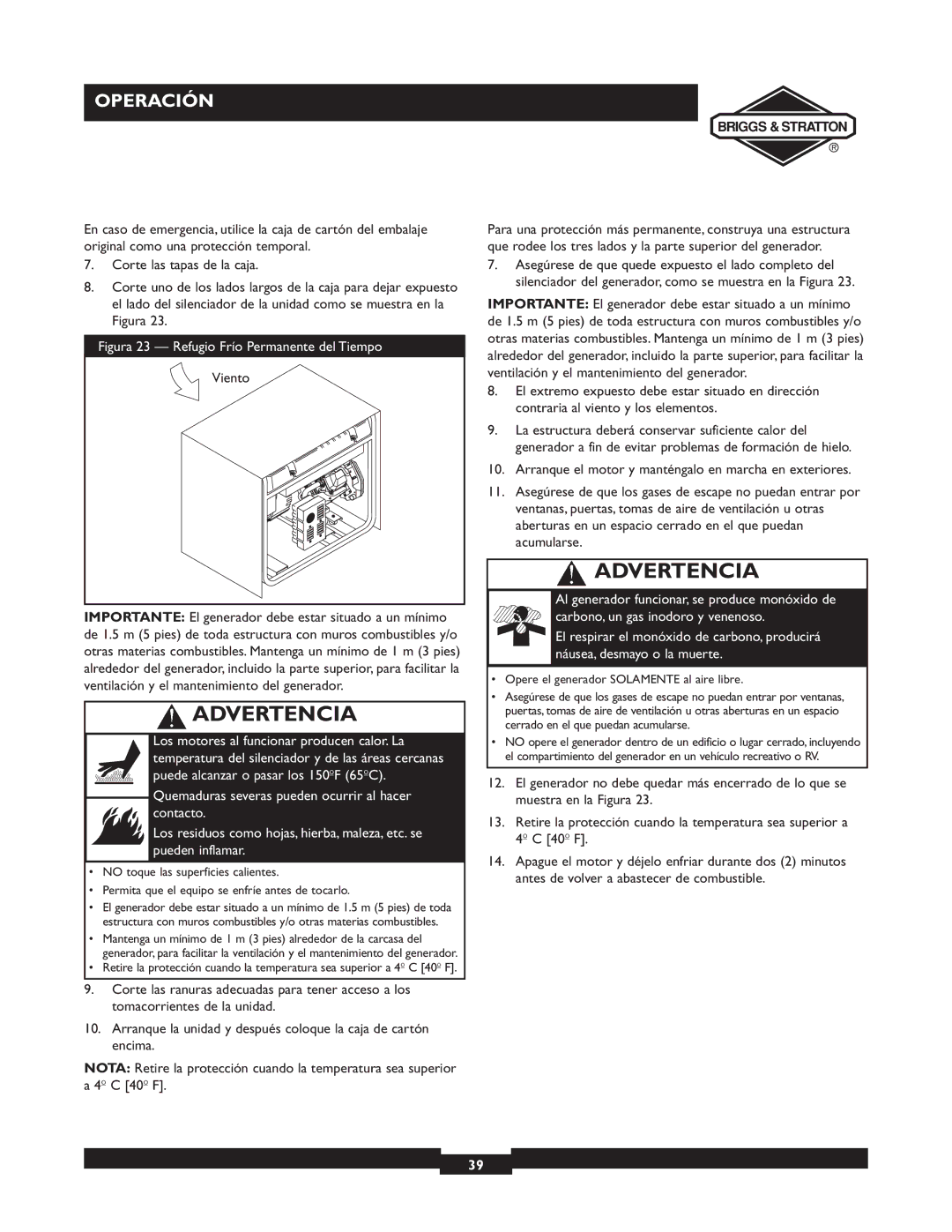 Briggs & Stratton 30238 owner manual Figura 23 Refugio Frío Permanente del Tiempo 