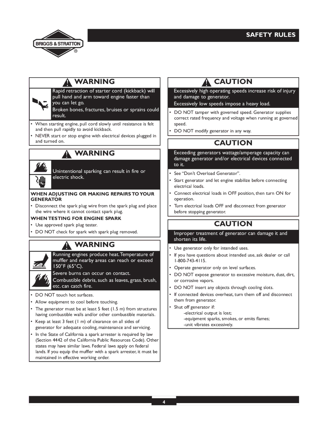 Briggs & Stratton 30238 owner manual When Adjusting or Making Repairs to Your Generator, When Testing for Engine Spark 