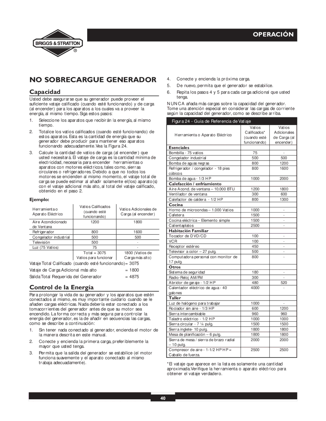 Briggs & Stratton 30238 owner manual No Sobrecargue Generador, Capacidad, Control de la Energía, Ejemplo 