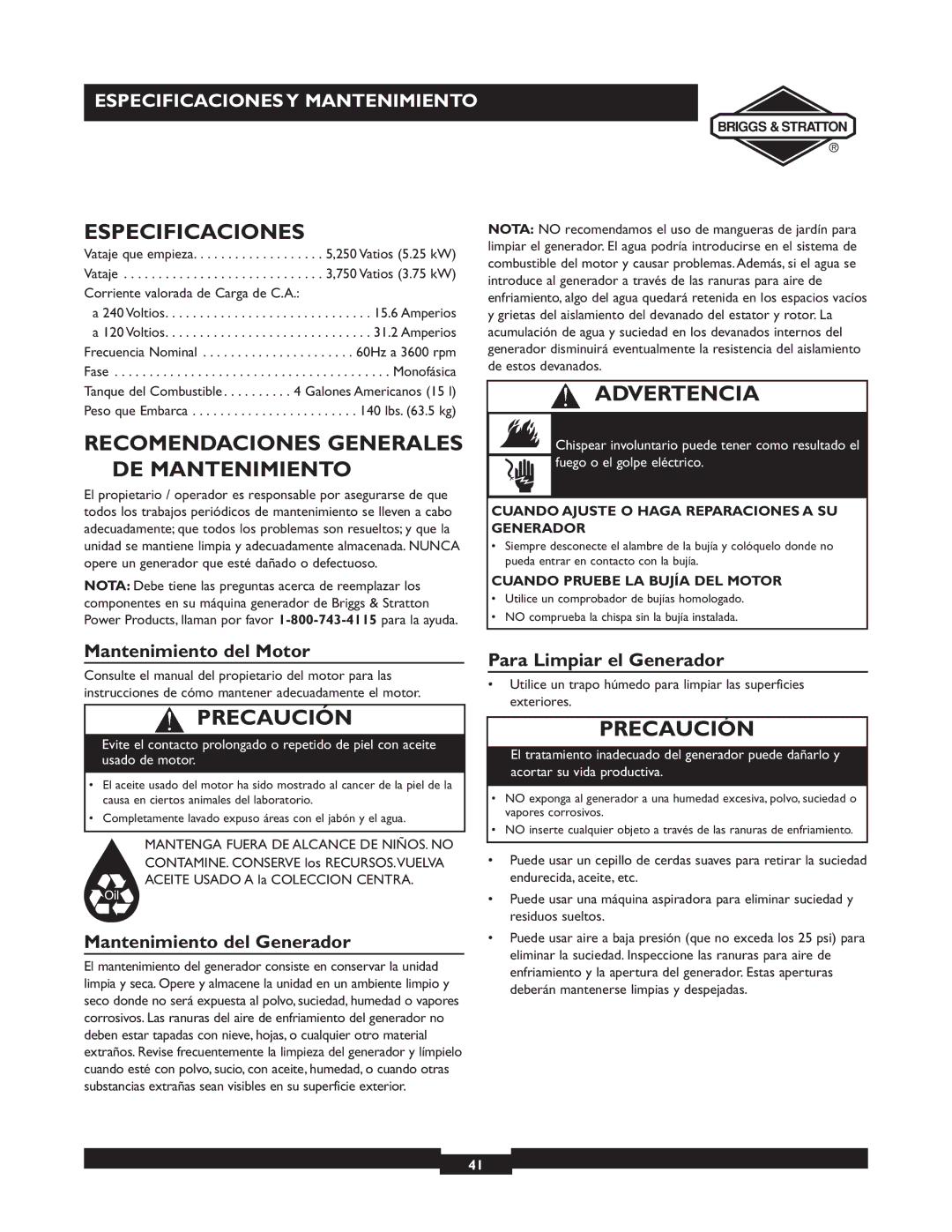 Briggs & Stratton 30238 owner manual Especificaciones, Recomendaciones Generales DE Mantenimiento, Mantenimiento del Motor 