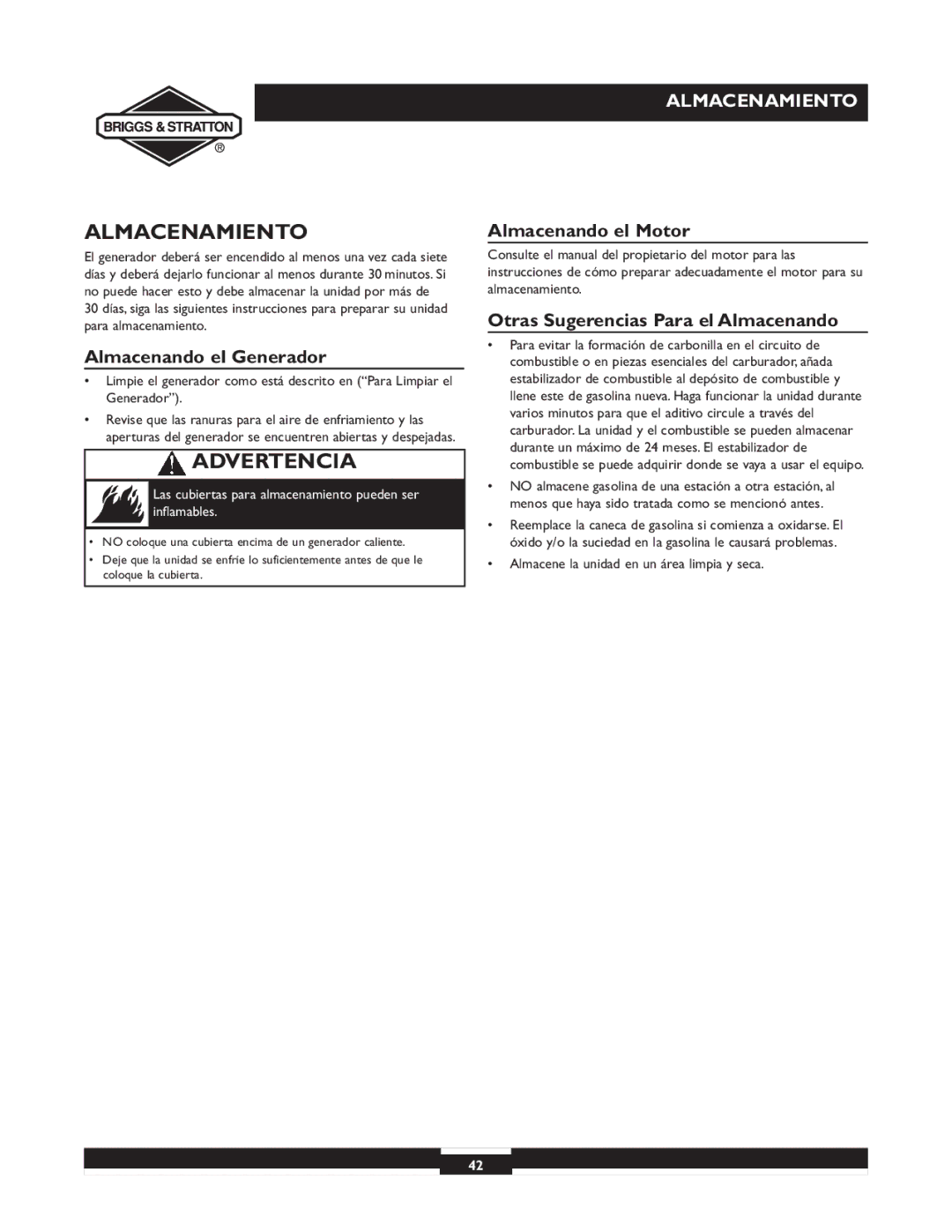 Briggs & Stratton 30238 owner manual Almacenamiento, Almacenando el Generador, Almacenando el Motor 