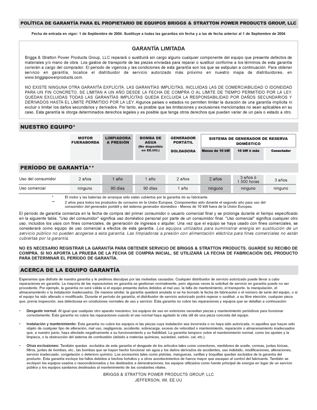 Briggs & Stratton 30238 owner manual Garantía Limitada 