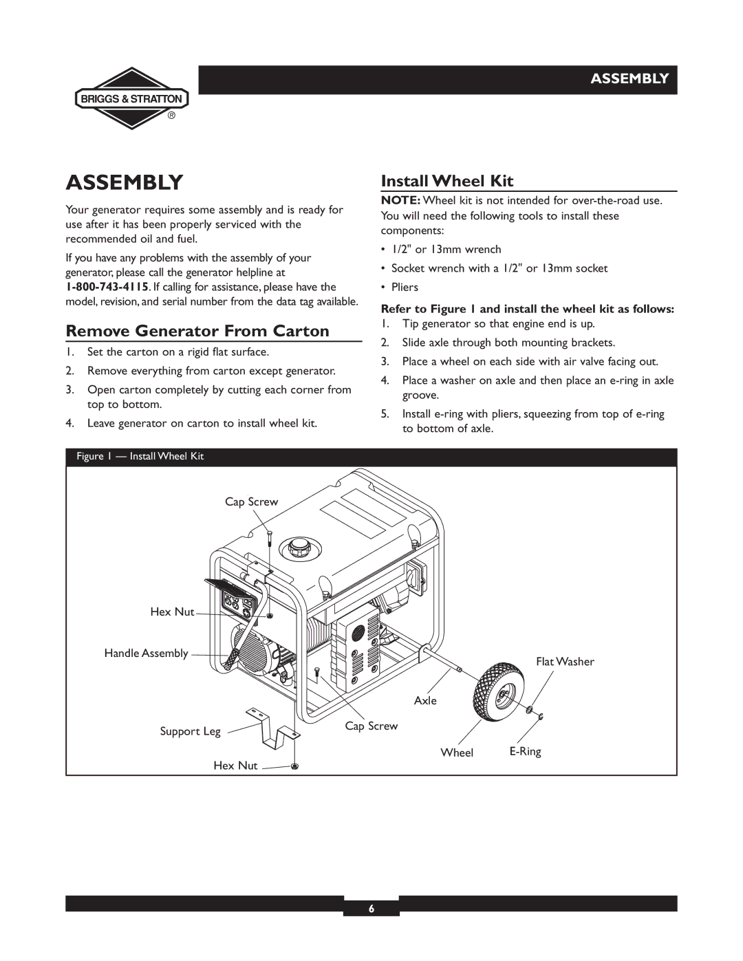 Briggs & Stratton 30238 owner manual Assembly, Install Wheel Kit, Remove Generator From Carton 