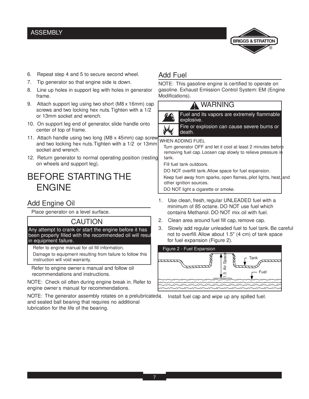 Briggs & Stratton 30238 owner manual Before Starting the Engine, Add Engine Oil, Add Fuel, When Adding Fuel 