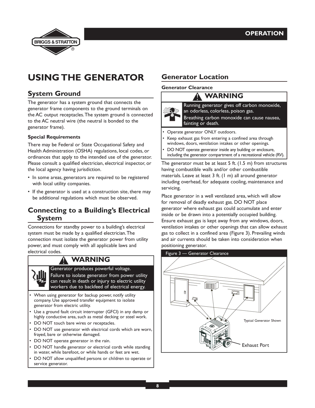 Briggs & Stratton 30238 Using the Generator, System Ground, Connecting to a Building’s Electrical System, Exhaust Port 