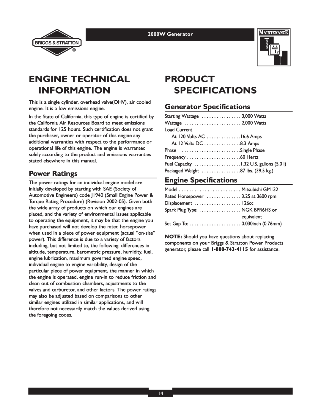 Briggs & Stratton 30239 Engine Technical Information, Product Specifications, Power Ratings, Generator Specifications 