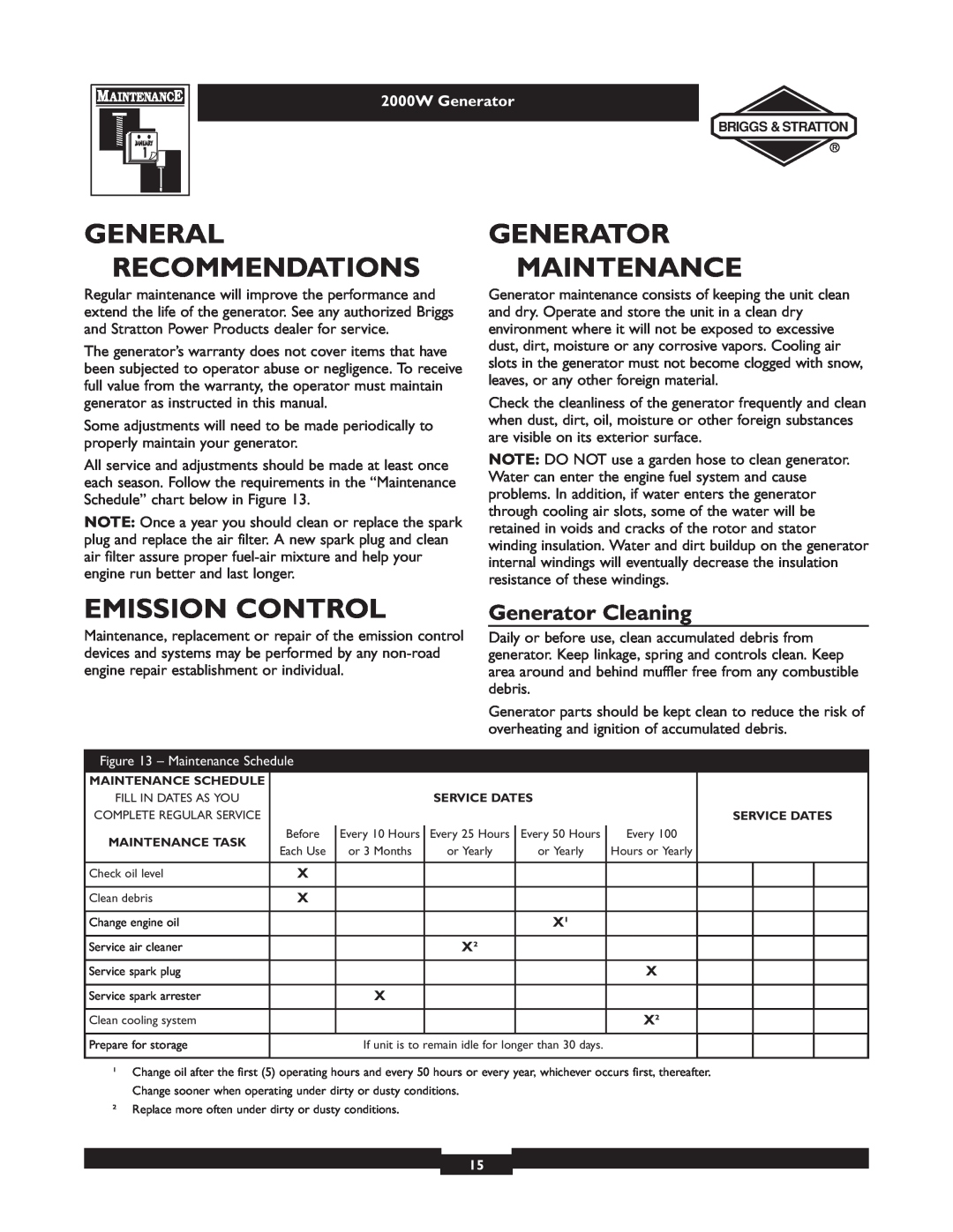 Briggs & Stratton 30239 owner manual Generalgenerator Recommendations Maintenance, Emission Control, Generator Cleaning 