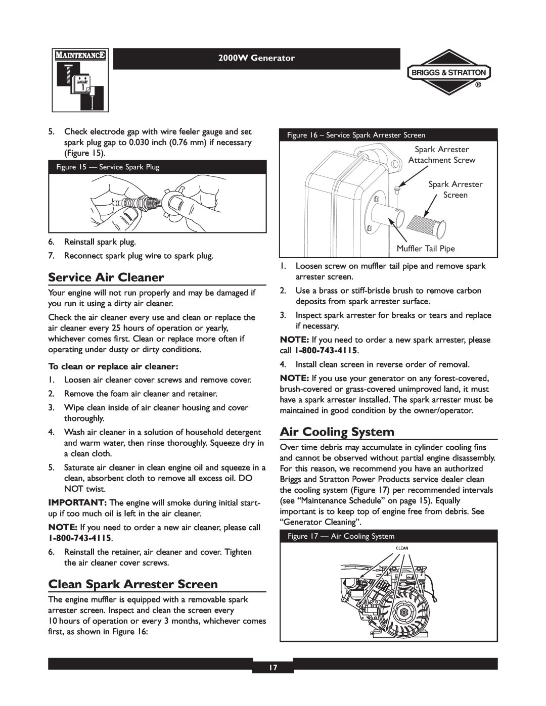 Briggs & Stratton 30239 owner manual Service Air Cleaner, Clean Spark Arrester Screen, Air Cooling System, 2000W Generator 