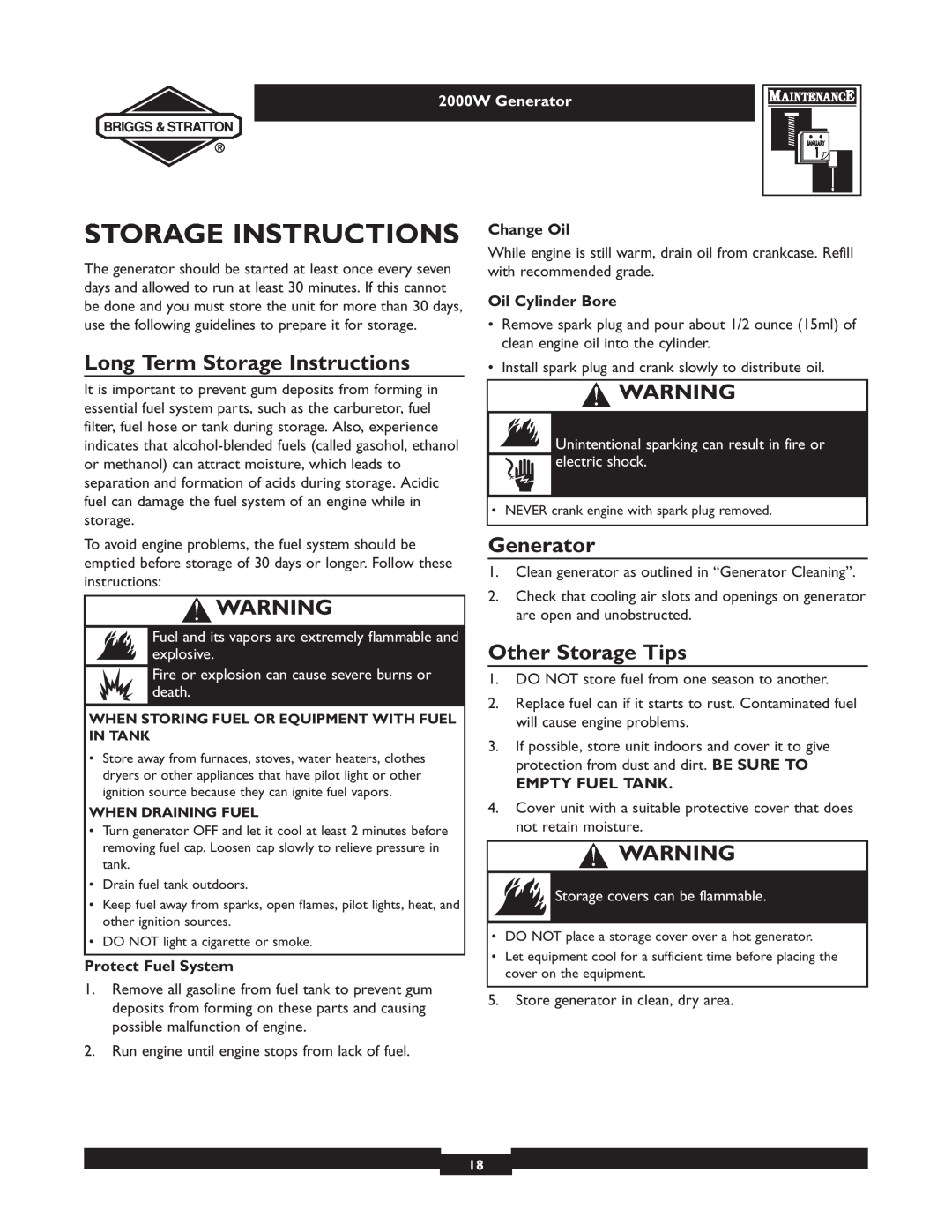 Briggs & Stratton 30239 Long Term Storage Instructions, Generator, Other Storage Tips, Change Oil, Oil Cylinder Bore 