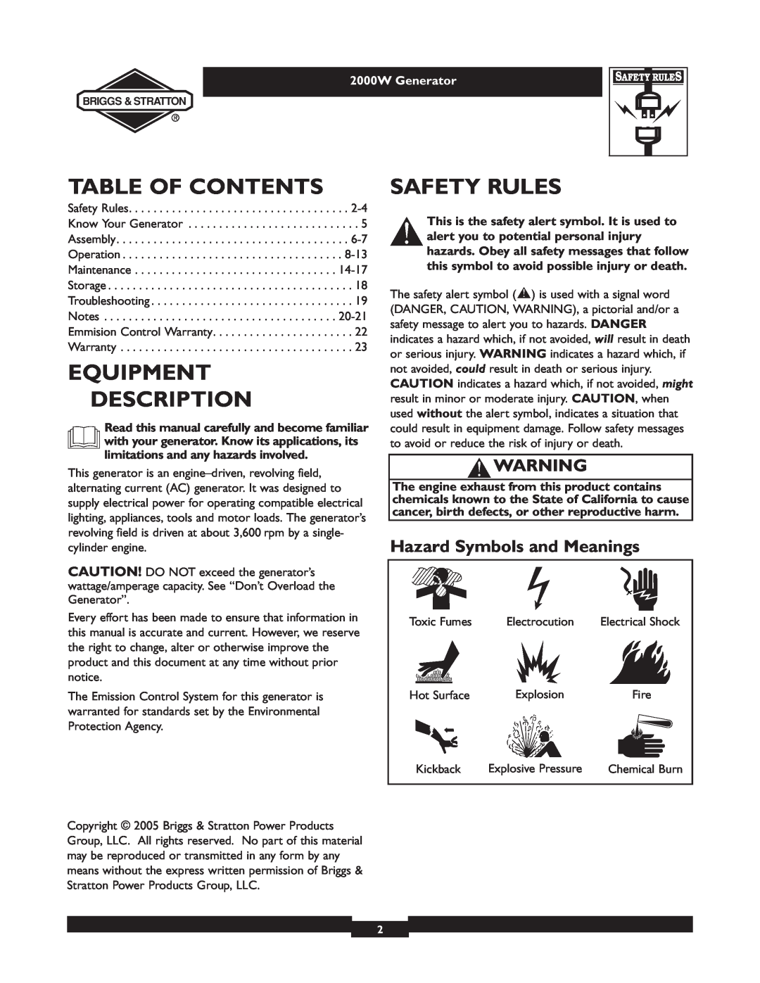 Briggs & Stratton 30239 owner manual Table Of Contents, Equipment Description, Safety Rules, Hazard Symbols and Meanings 