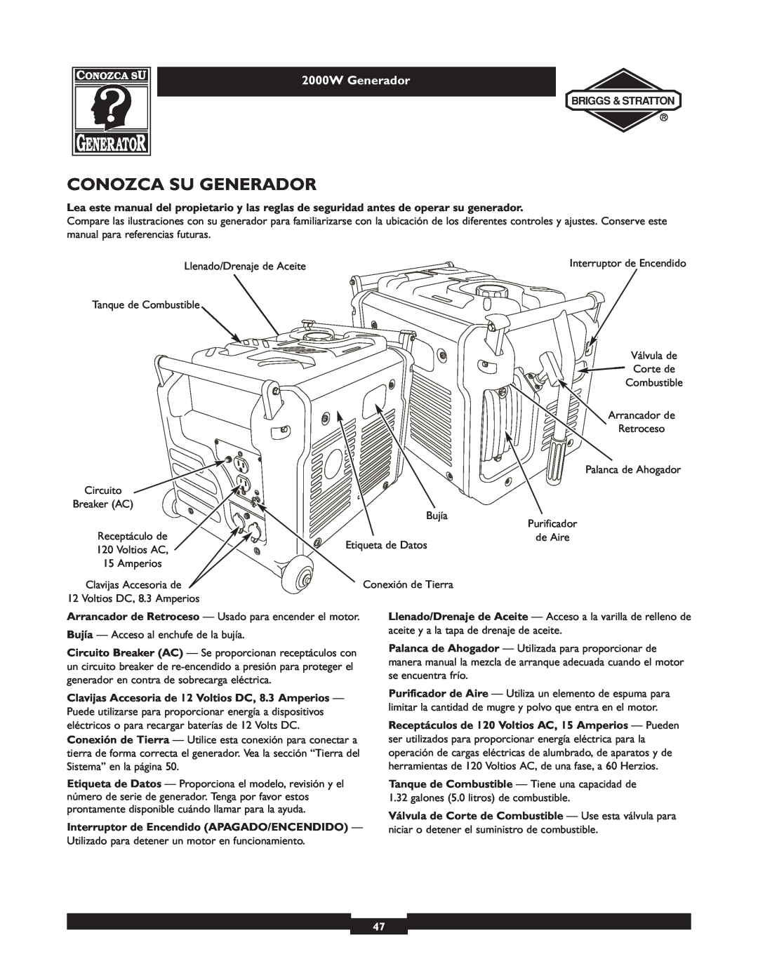 Briggs & Stratton 30239 owner manual Conozca Su Generador, 2000W Generador 