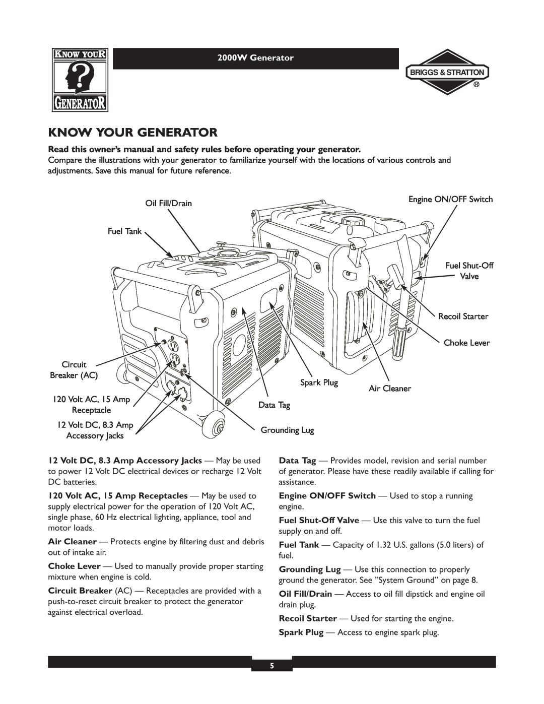 Briggs & Stratton 30239 owner manual Know Your Generator, 2000W Generator 