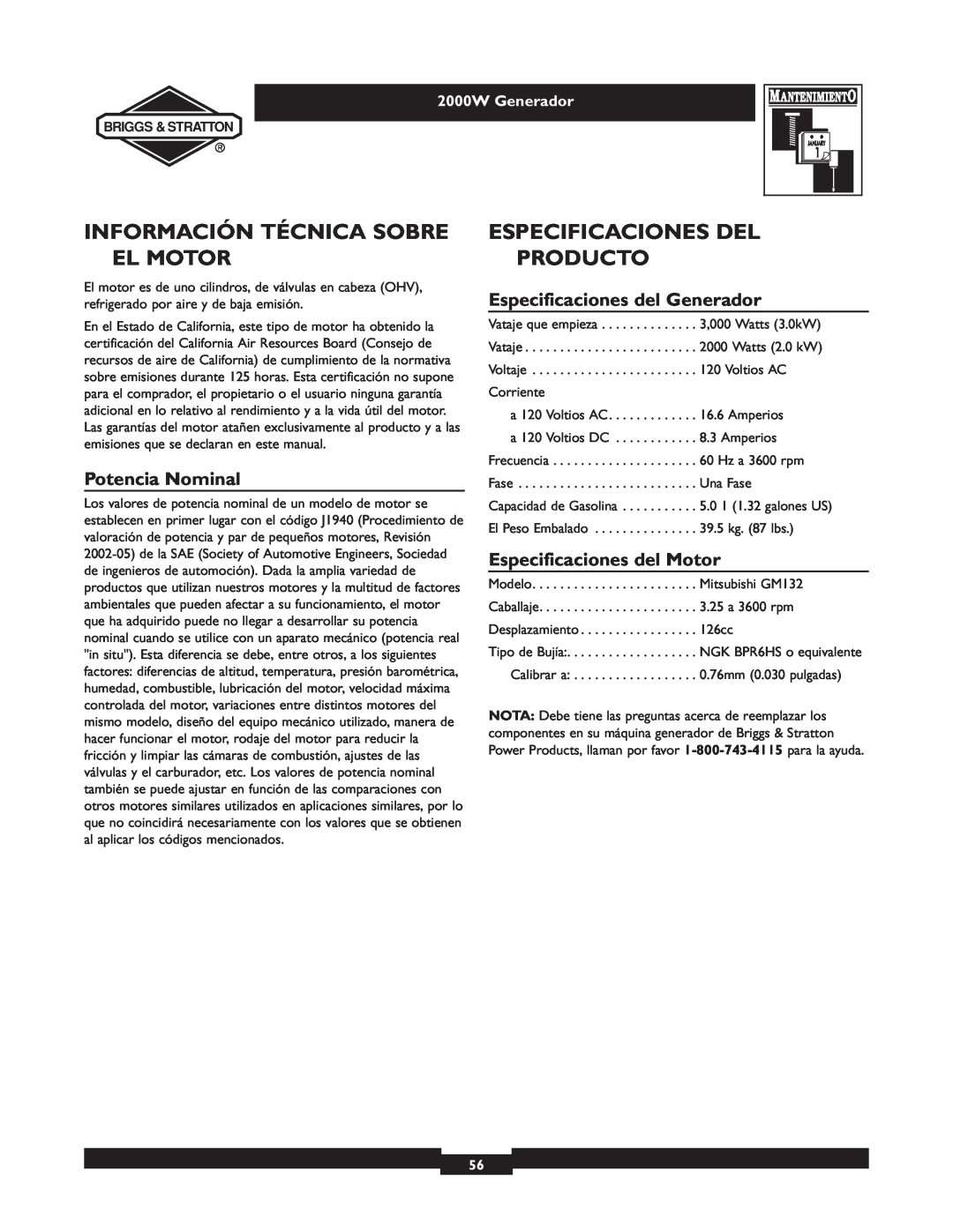 Briggs & Stratton 30239 owner manual Información Técnica Sobre El Motor, Especificaciones Del Producto, Potencia Nominal 