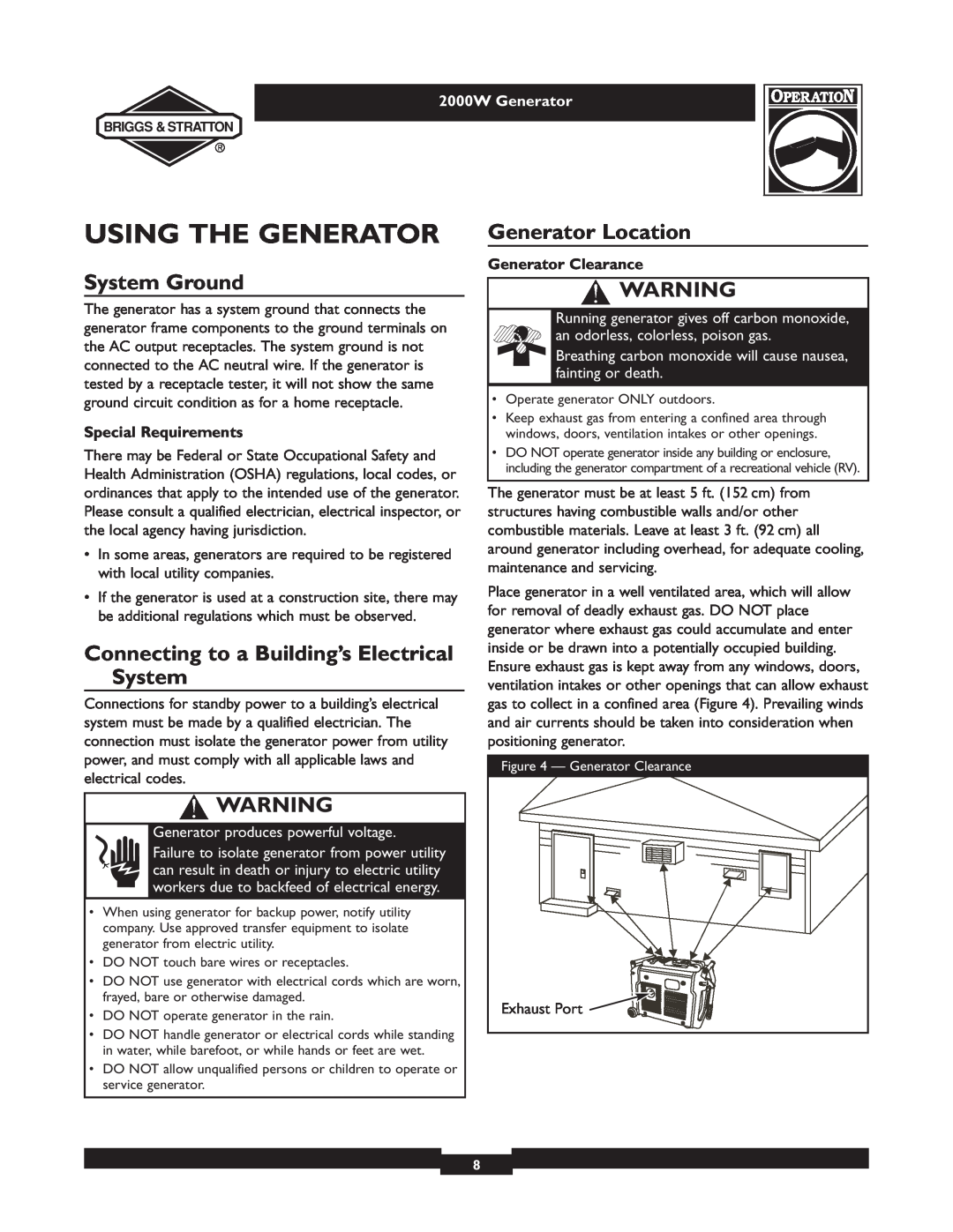 Briggs & Stratton 30239 Using The Generator, System Ground, Connecting to a Building’s Electrical System, 2000W Generator 