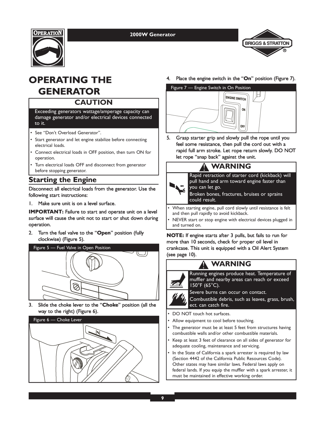 Briggs & Stratton 30239 owner manual Operating The, Starting the Engine, 2000W Generator 