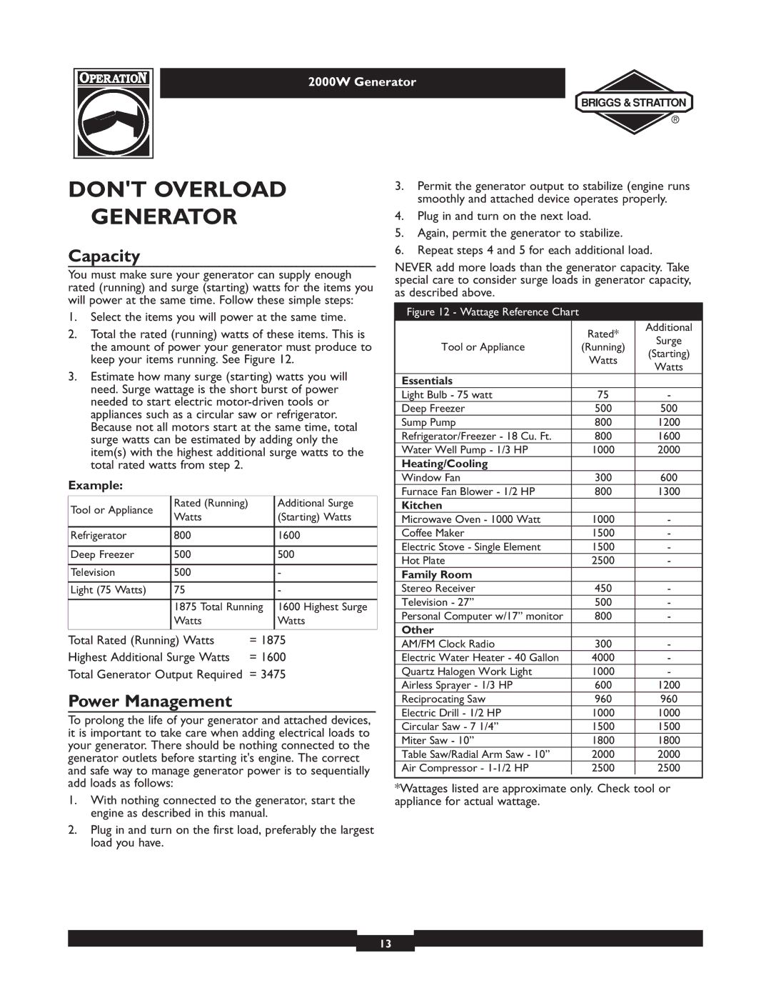 Briggs & Stratton 30239 owner manual Dont Overload Generator, Capacity, Power Management, Example 