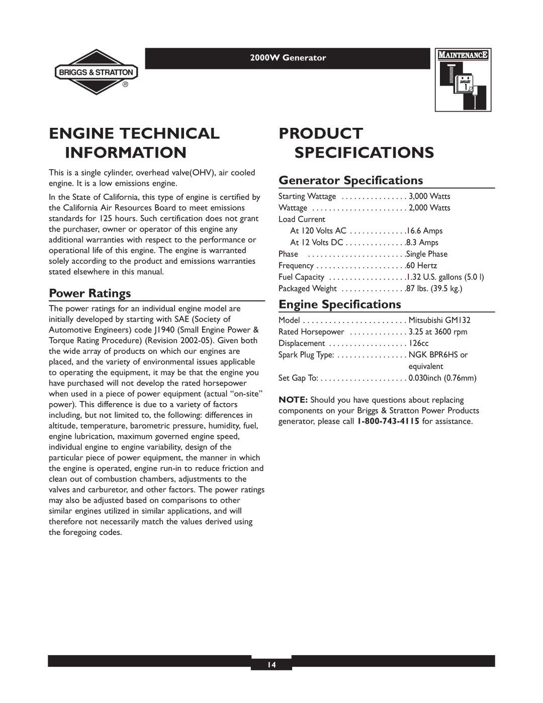 Briggs & Stratton 30239 Engine Technical Information, Product Specifications, Power Ratings, Generator Specifications 