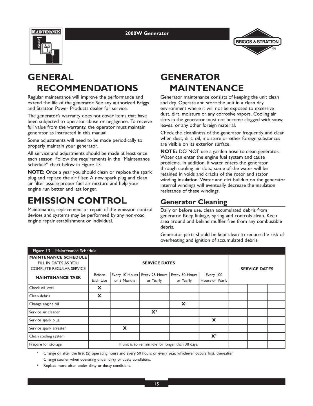 Briggs & Stratton 30239 owner manual Generalgenerator Recommendations Maintenance, Emission Control, Generator Cleaning 