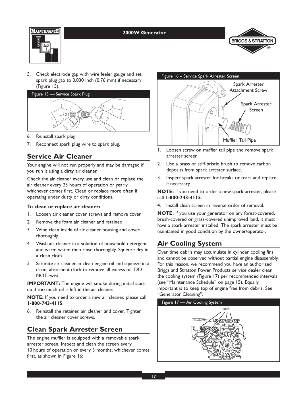 Briggs & Stratton 30239 owner manual Service Air Cleaner, Clean Spark Arrester Screen, Air Cooling System 