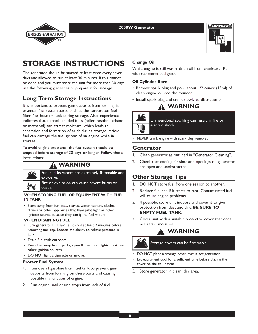 Briggs & Stratton 30239 owner manual Long Term Storage Instructions, Generator, Other Storage Tips 