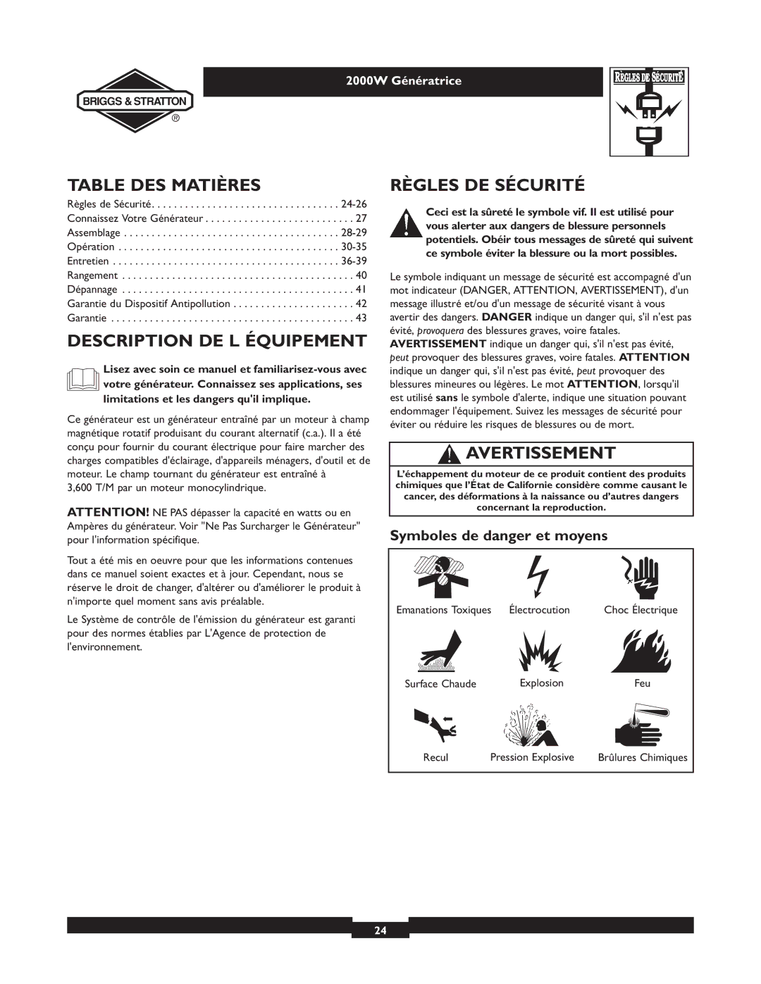 Briggs & Stratton 30239 owner manual Table DES Matières, Description DE L Équipement, Règles DE Sécurité, Avertissement 