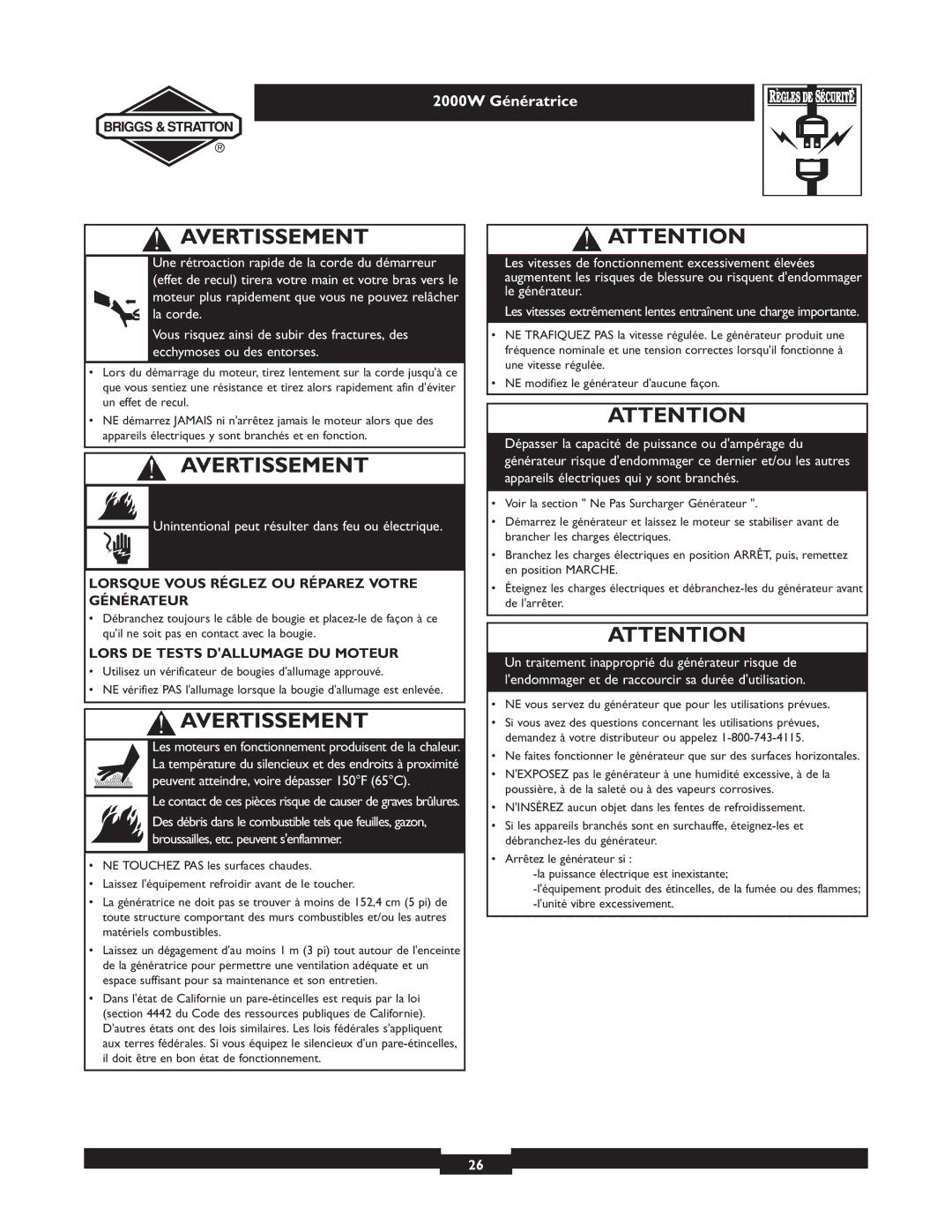 Briggs & Stratton 30239 owner manual Lorsque Vous Réglez OU Réparez Votre Générateur, Lors DE Tests Dallumage DU Moteur 