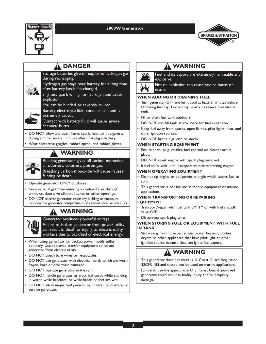 Briggs & Stratton 30239 owner manual When Adding or Draining Fuel, When Starting Equipment, When Operating Equipment 