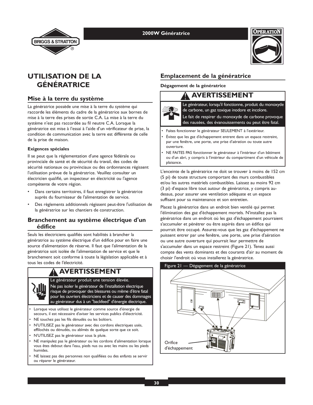 Briggs & Stratton 30239 Utilisation DE LA Génératrice, Mise à la terre du système, Emplacement de la génératrice 