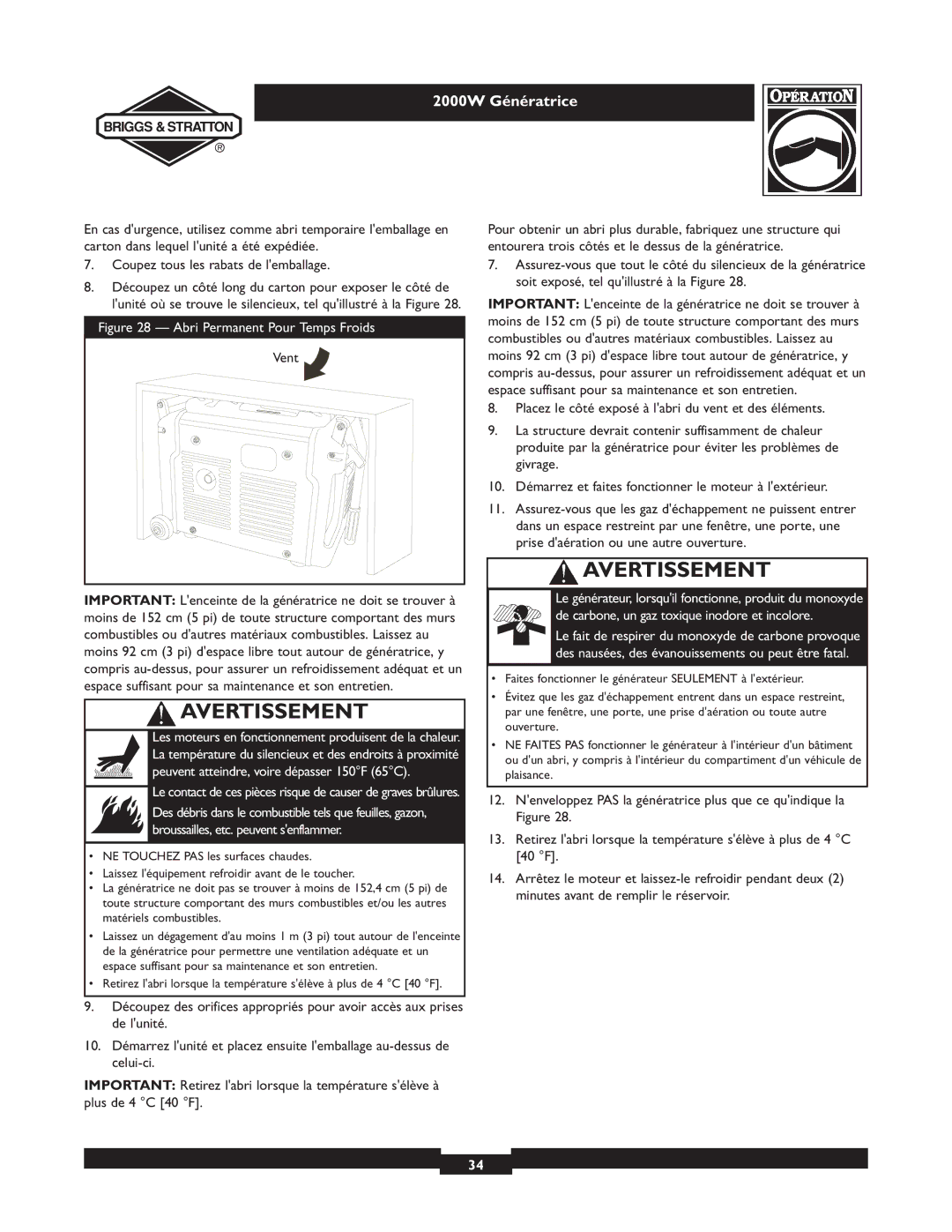 Briggs & Stratton 30239 owner manual Abri Permanent Pour Temps Froids 