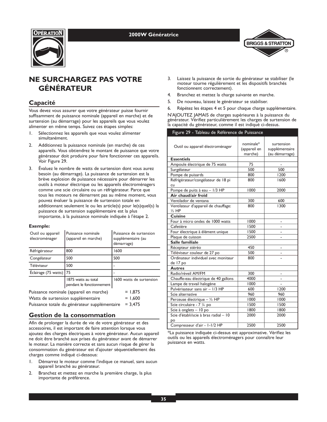 Briggs & Stratton 30239 NE Surchargez PAS Votre Générateur, Capacité, Gestion de la consommation, Exemple, = 3,475 