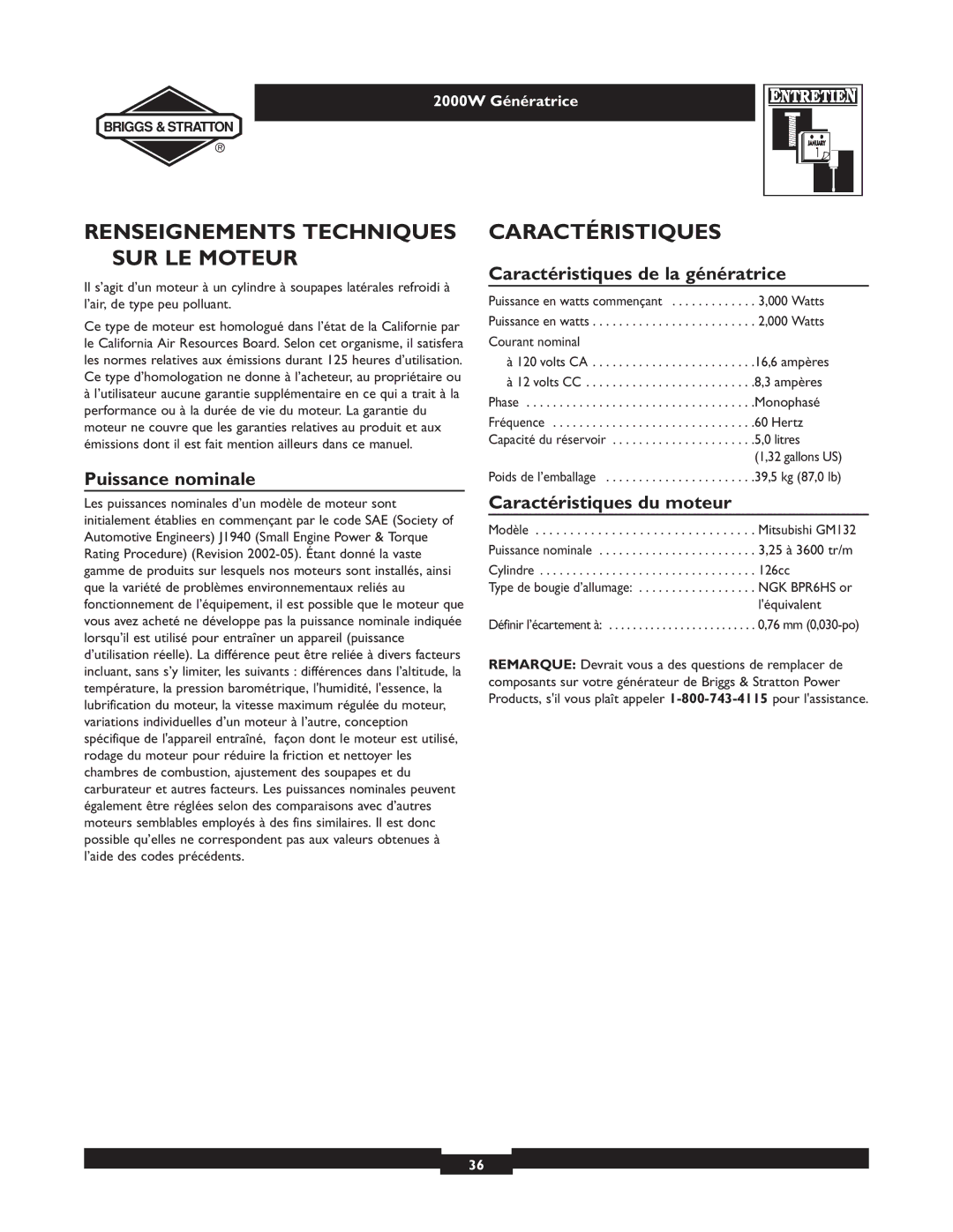 Briggs & Stratton 30239 owner manual Renseignements Techniques SUR LE Moteur, Caractéristiques, Puissance nominale 