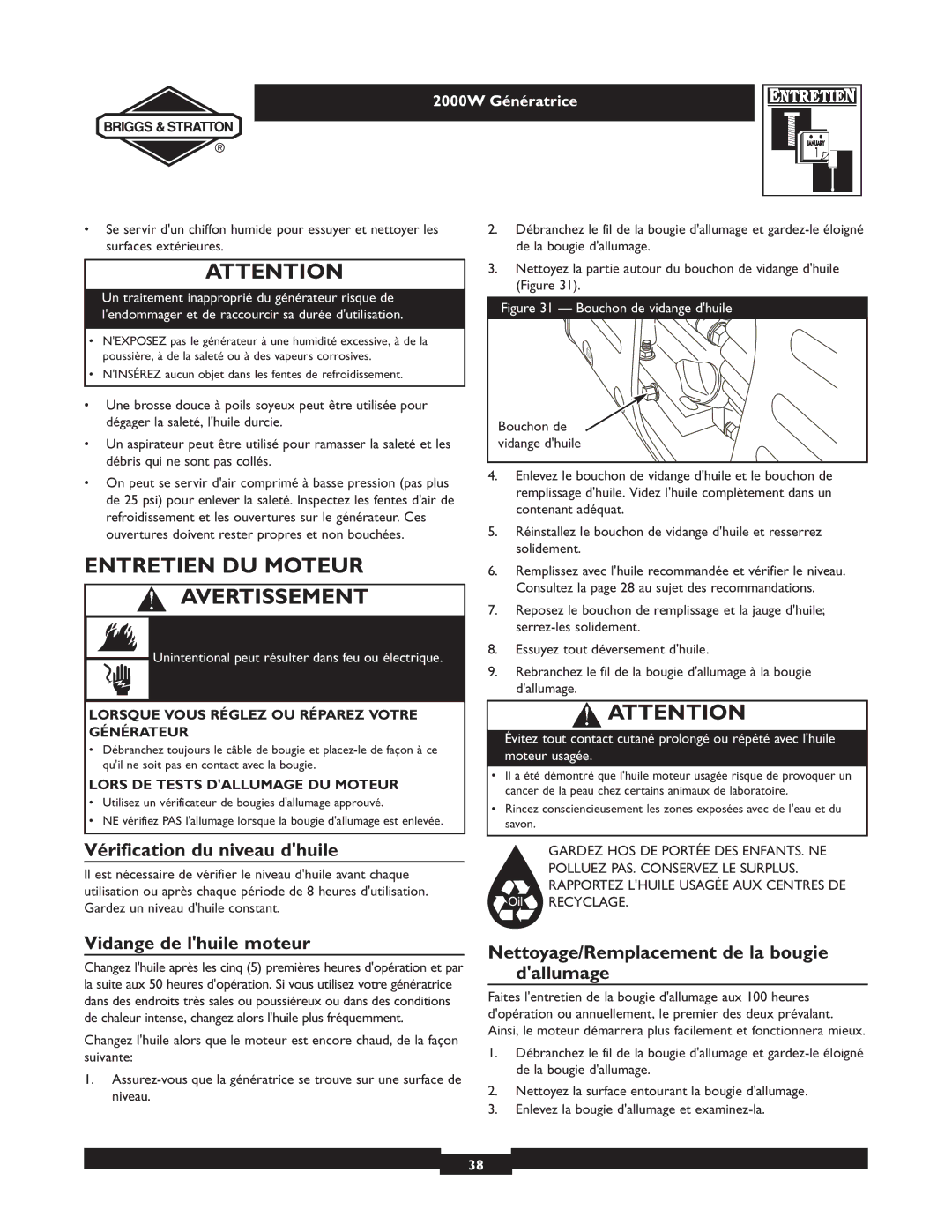 Briggs & Stratton 30239 Entretien DU Moteur Avertissement, Vérification du niveau dhuile, Vidange de lhuile moteur 