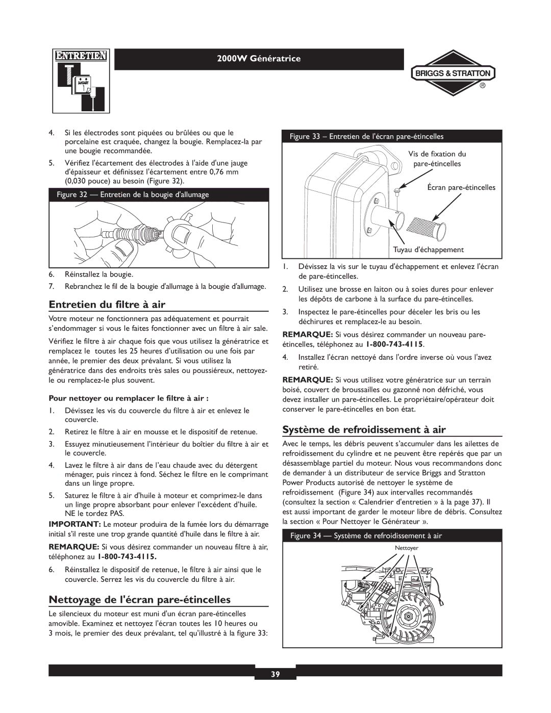 Briggs & Stratton 30239 Entretien du filtre à air, Nettoyage de lécran pare-étincelles, Système de refroidissement à air 