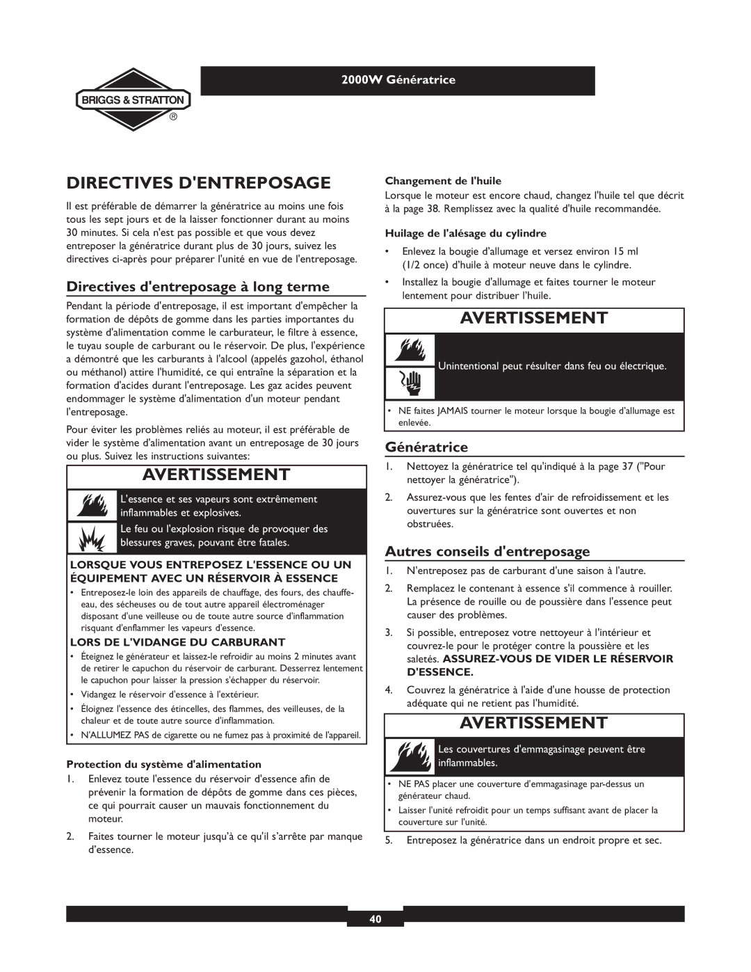 Briggs & Stratton 30239 owner manual Directives Dentreposage, Directives dentreposage à long terme, Génératrice 