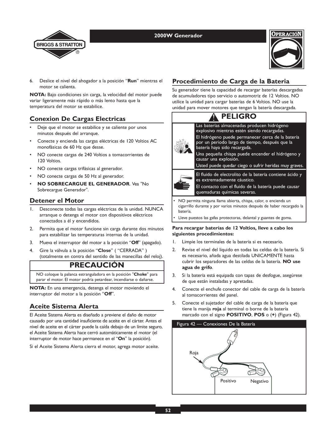 Briggs & Stratton 30239 owner manual Procedimiento de Carga de la Bateria, Conexion De Cargas Electricas, Detener el Motor 