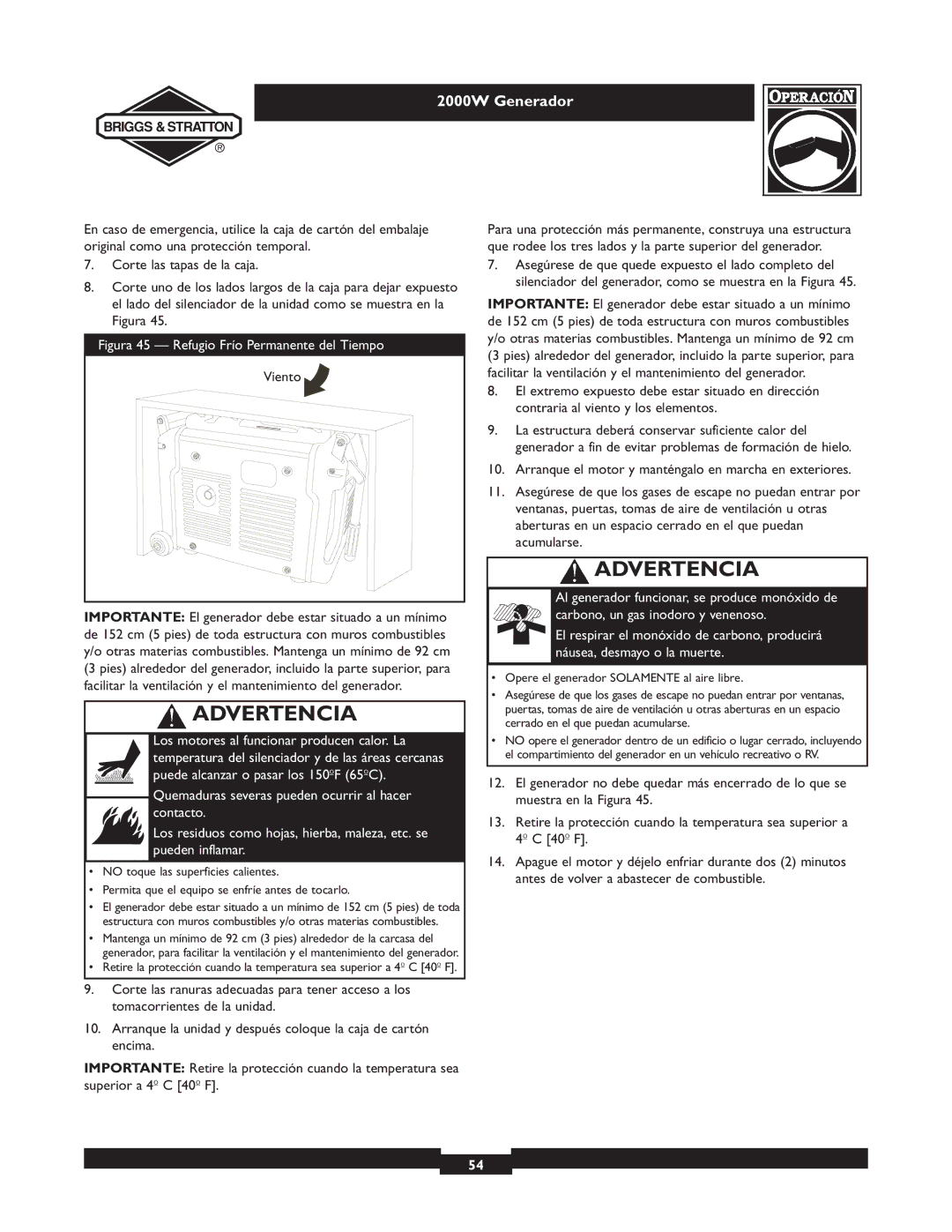 Briggs & Stratton 30239 owner manual Figura 45 Refugio Frío Permanente del Tiempo 