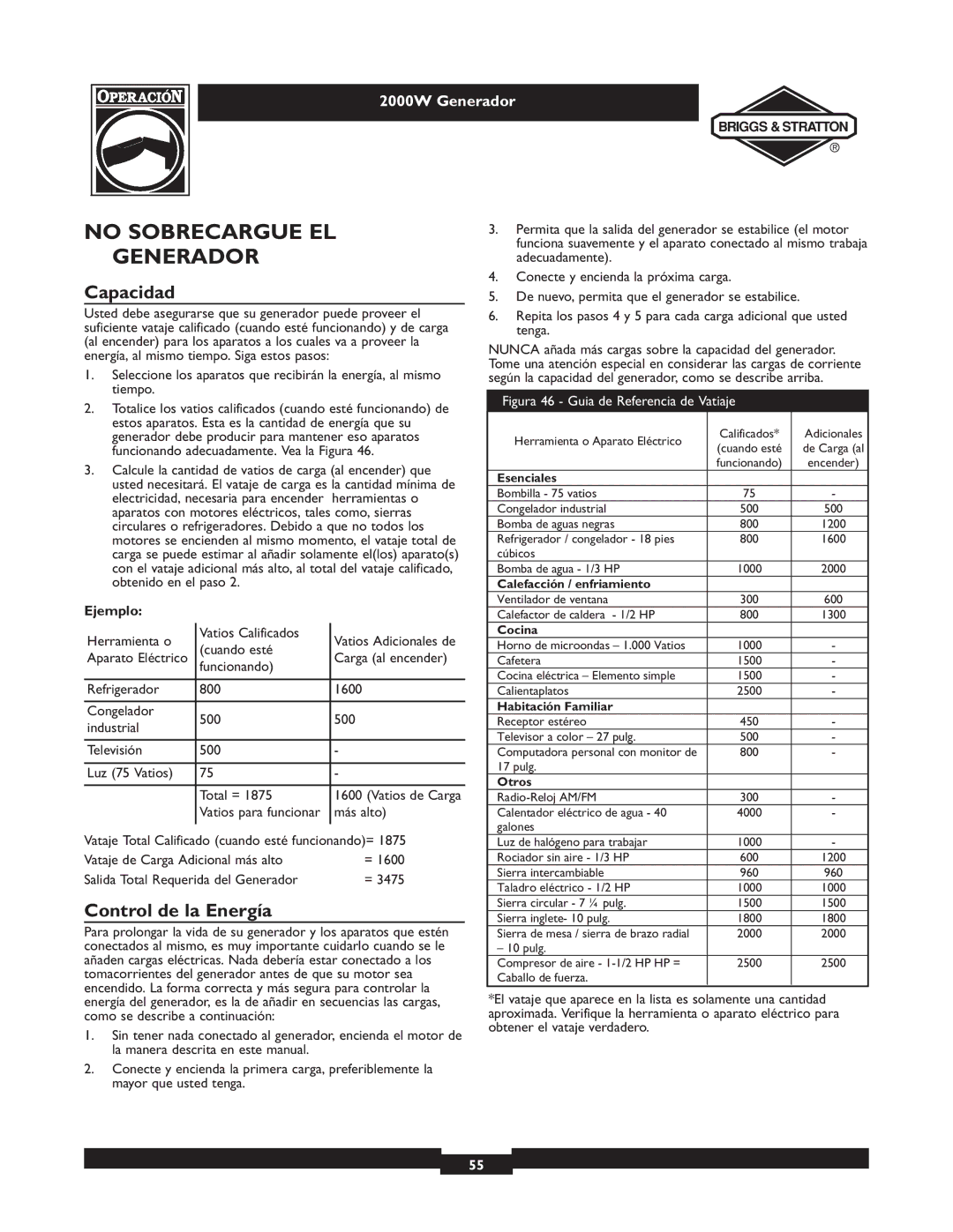 Briggs & Stratton 30239 owner manual No Sobrecargue EL Generador, Capacidad, Control de la Energía, Ejemplo 