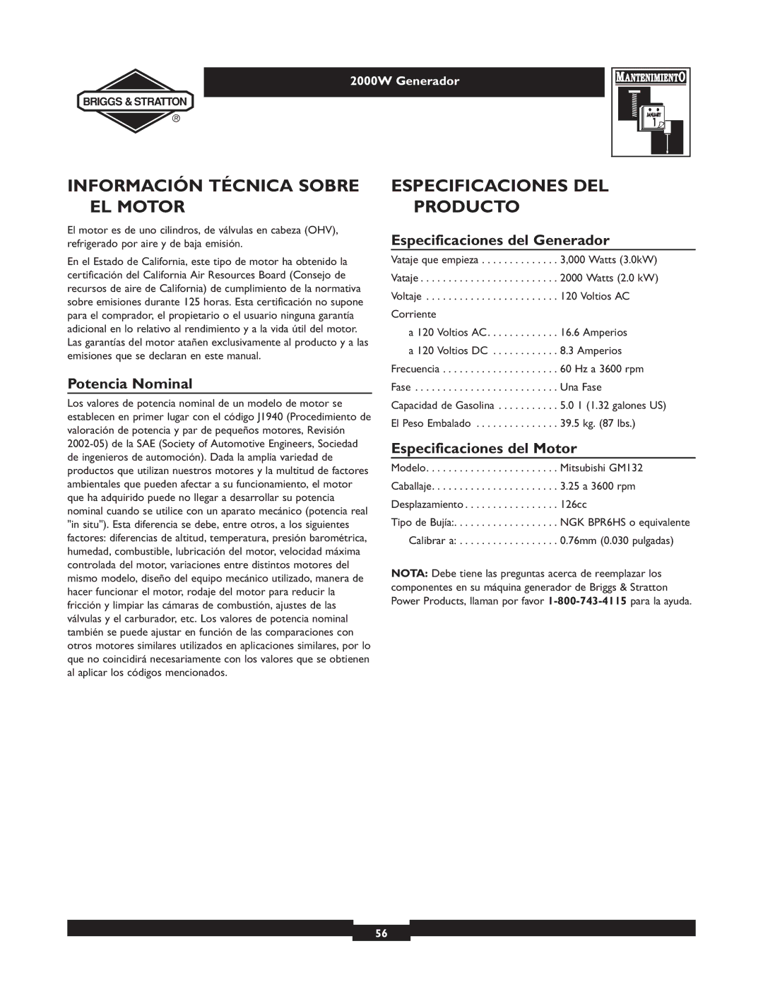 Briggs & Stratton 30239 owner manual Información Técnica Sobre EL Motor, Especificaciones DEL Producto, Potencia Nominal 