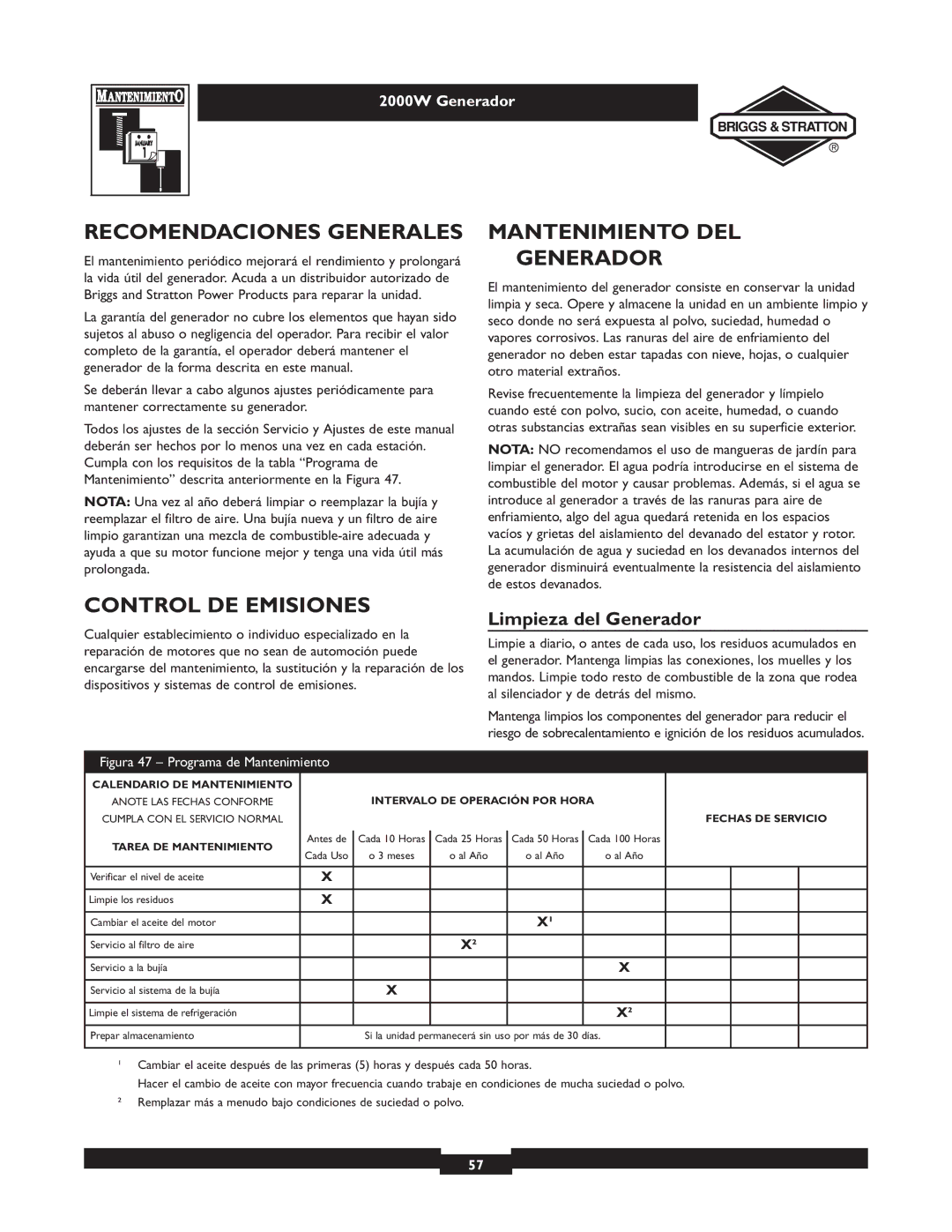 Briggs & Stratton 30239 owner manual Recomendaciones Generales, Mantenimiento DEL Generador, Control DE Emisiones 