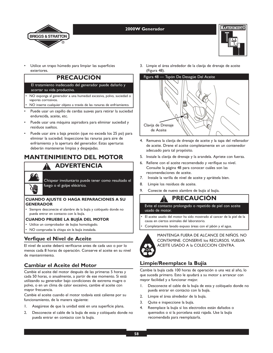 Briggs & Stratton 30239 Mantenimiento DEL Motor Advertencia, Verfique el Nivel de Aceite, Cambiar el Aceite del Motor 