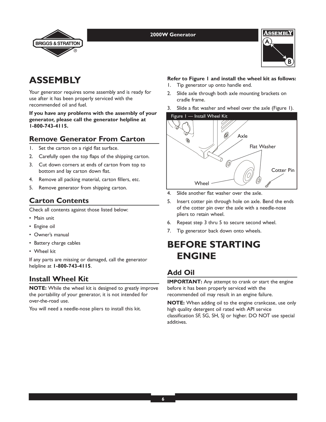 Briggs & Stratton 30239 owner manual Assembly, Before Starting Engine 