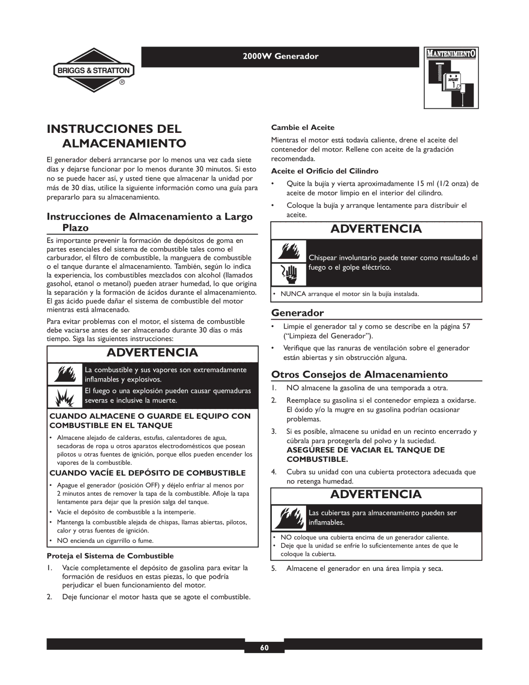 Briggs & Stratton 30239 Instrucciones DEL Almacenamiento, Instrucciones de Almacenamiento a Largo Plazo, Generador 