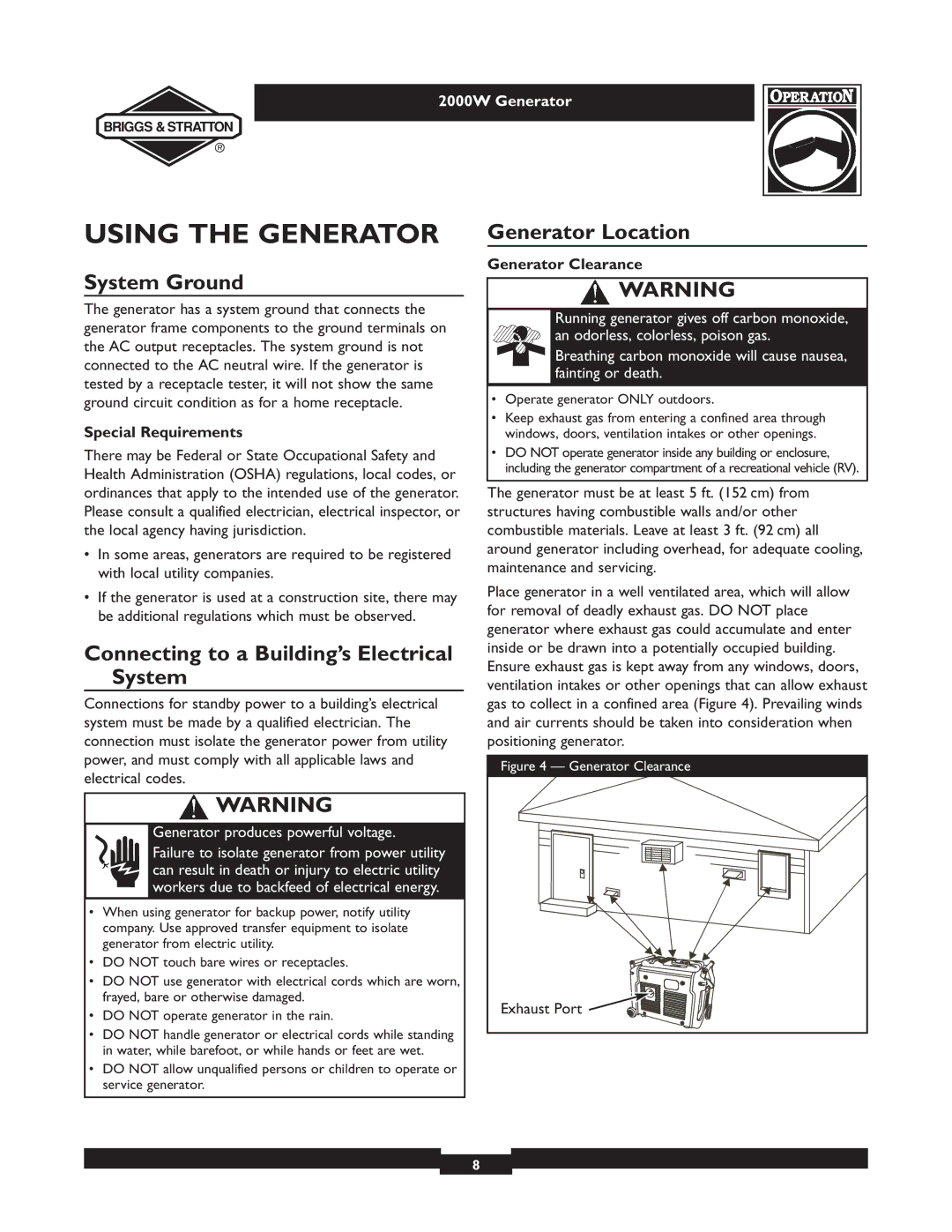 Briggs & Stratton 30239 owner manual Using the Generator, System Ground, Connecting to a Building’s Electrical System 