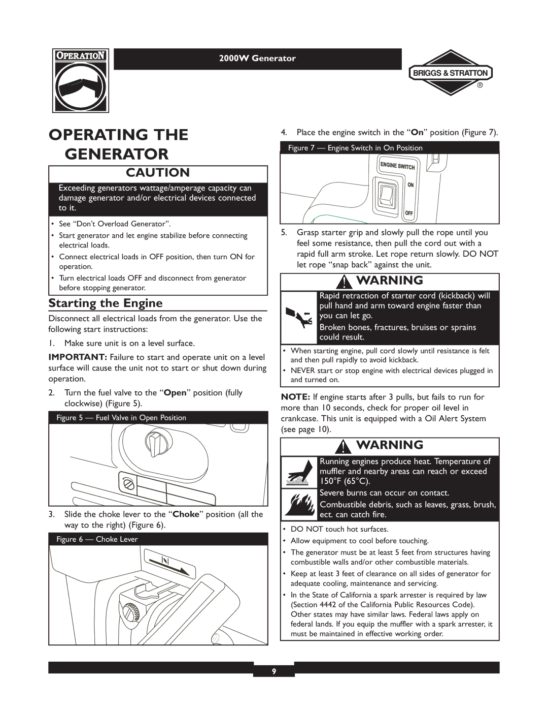 Briggs & Stratton 30239 owner manual Operating, Generator, Starting the Engine 