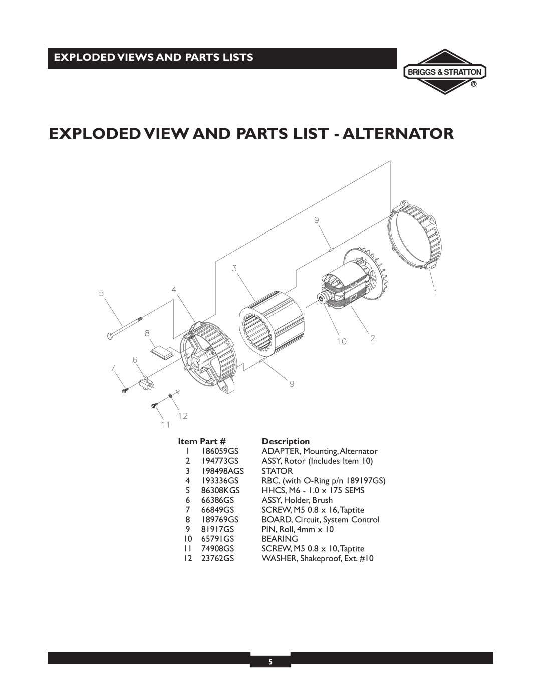 Briggs & Stratton 30244 manual Exploded View And Parts List - Alternator, Exploded Views And Parts Lists, Description 